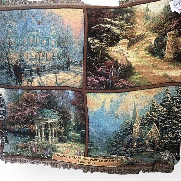 Thomas Kinkade The Painter Of Light Memorial Tapestry Fringe Throw 60” x 50” - Picture 3 of 7